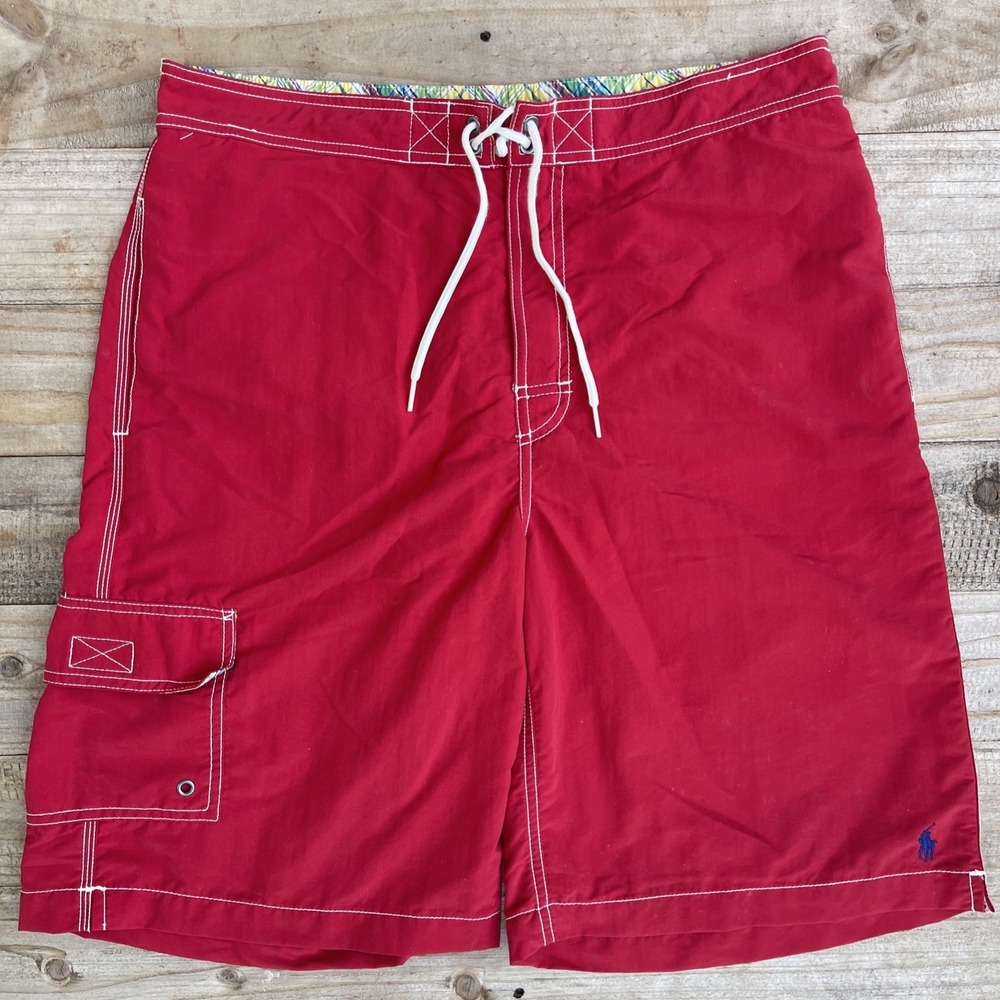 Polo Ralph Lauren Red Swim Trunks Board Shorts Cargo Pocket Mesh Lined Medium